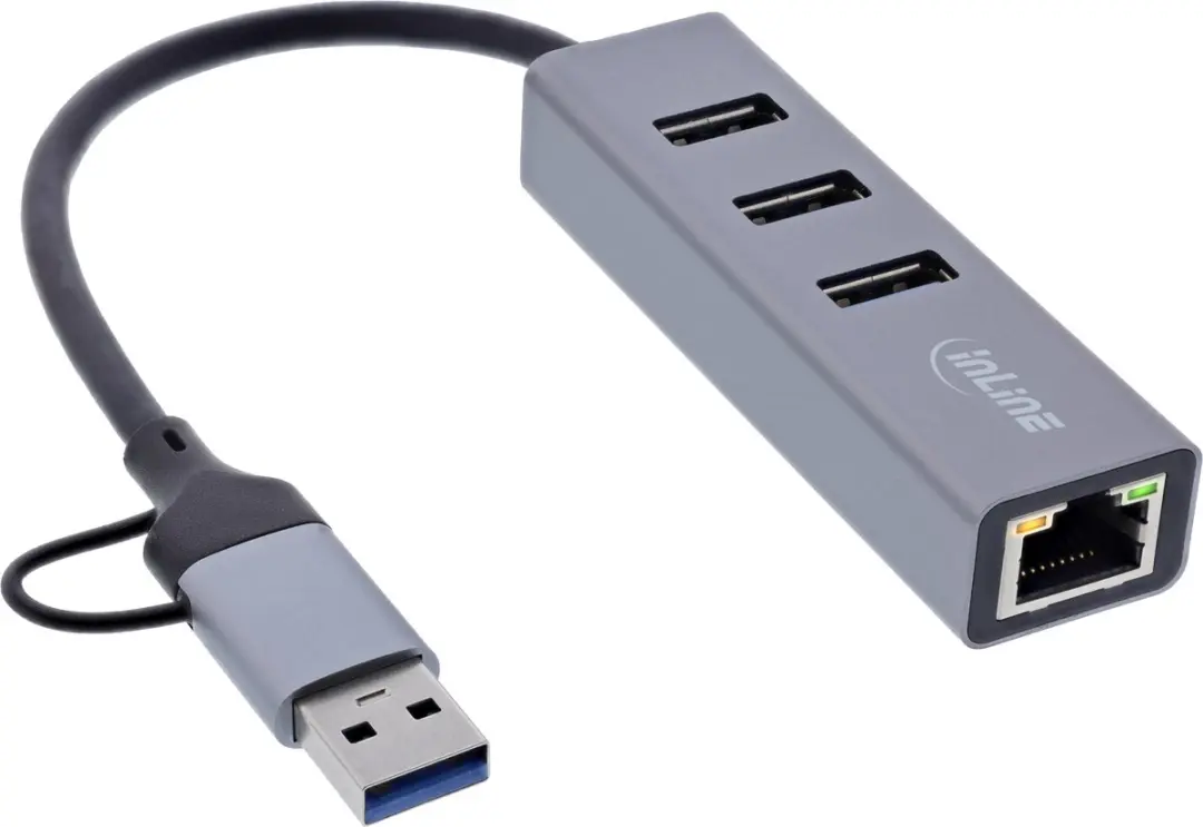 InLine USB-A/USB-C naar RJ45 + 3x USB-A Adapter - CAT6 - Grijs