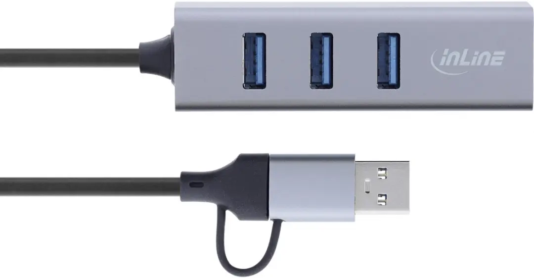 InLine USB-A/USB-C naar RJ45 + 3x USB-A Adapter - CAT6 - Grijs