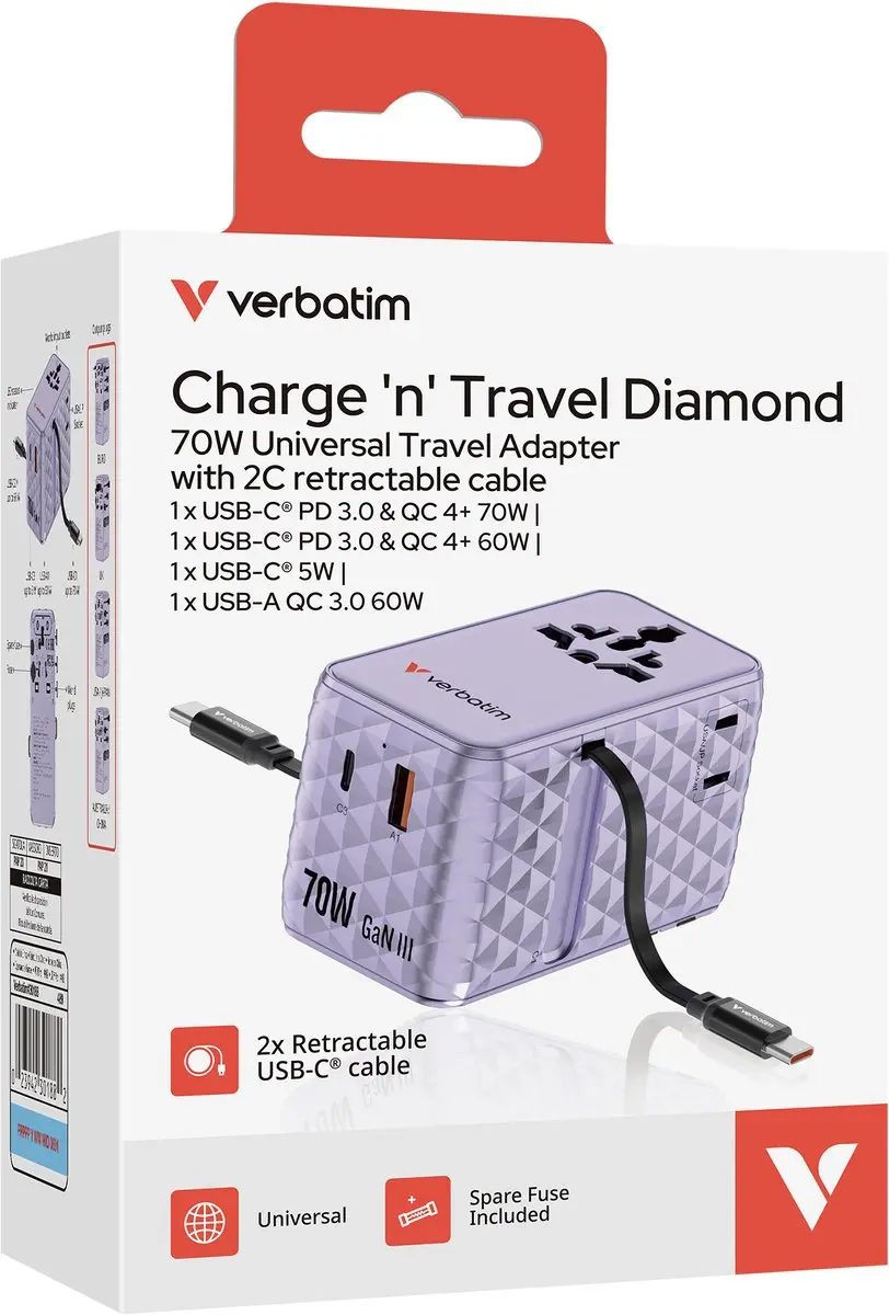 Verbatim EU VK VS Reisadapter - 1x USB-C 2x USB-C - Paars