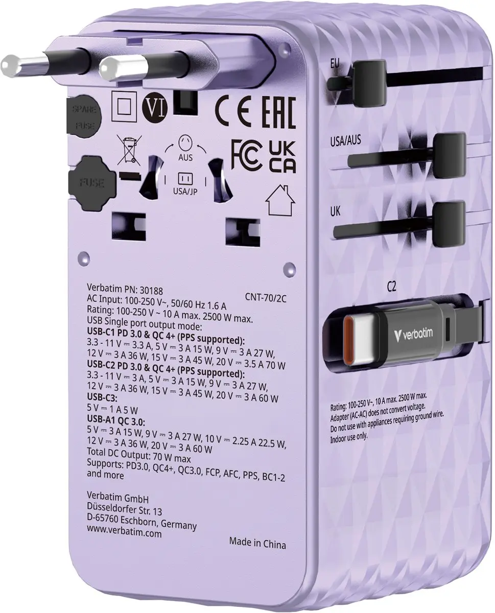 Verbatim EU VK VS Reisadapter - 1x USB-C 2x USB-C - Paars