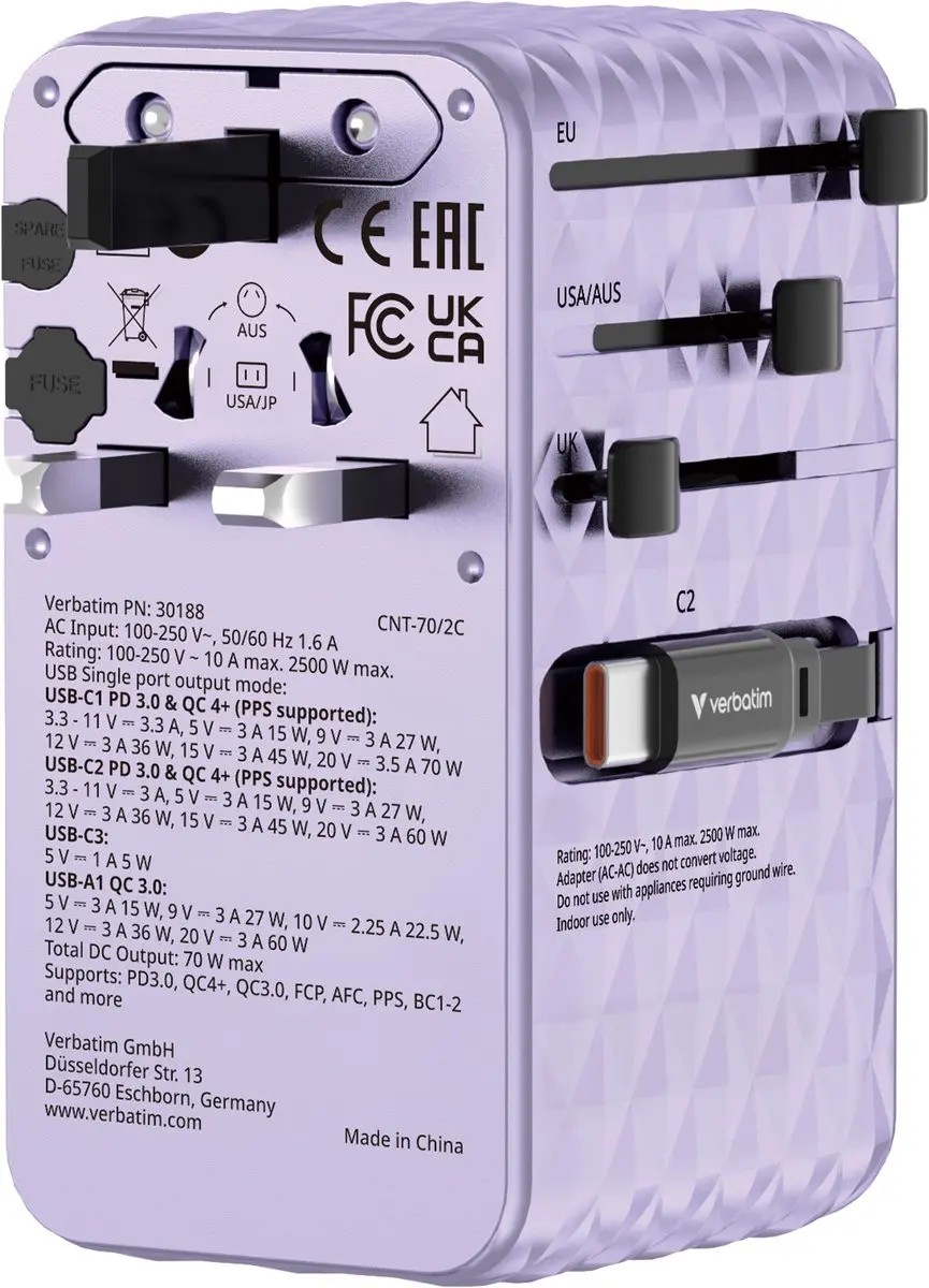 Verbatim EU VK VS Reisadapter - 1x USB-C 2x USB-C - Paars