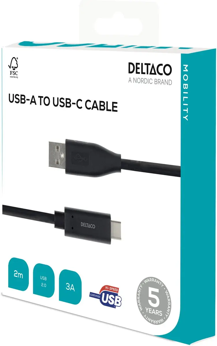 Deltaco USBC-1006M USB-C naar USB-A Kabel 3A 2m - Zwart