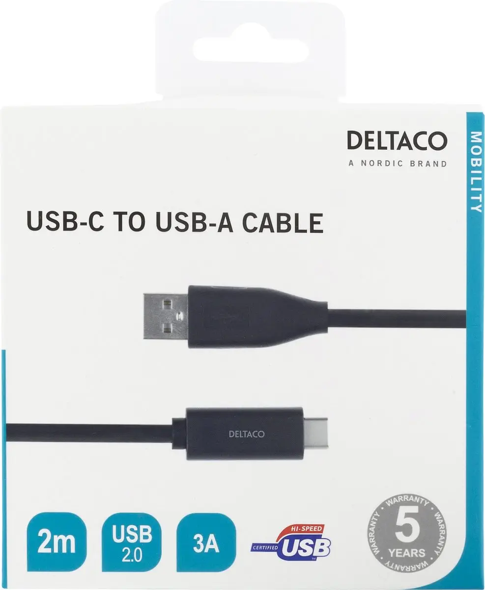 Deltaco USBC-1006M USB-C naar USB-A Kabel 3A 2m - Zwart