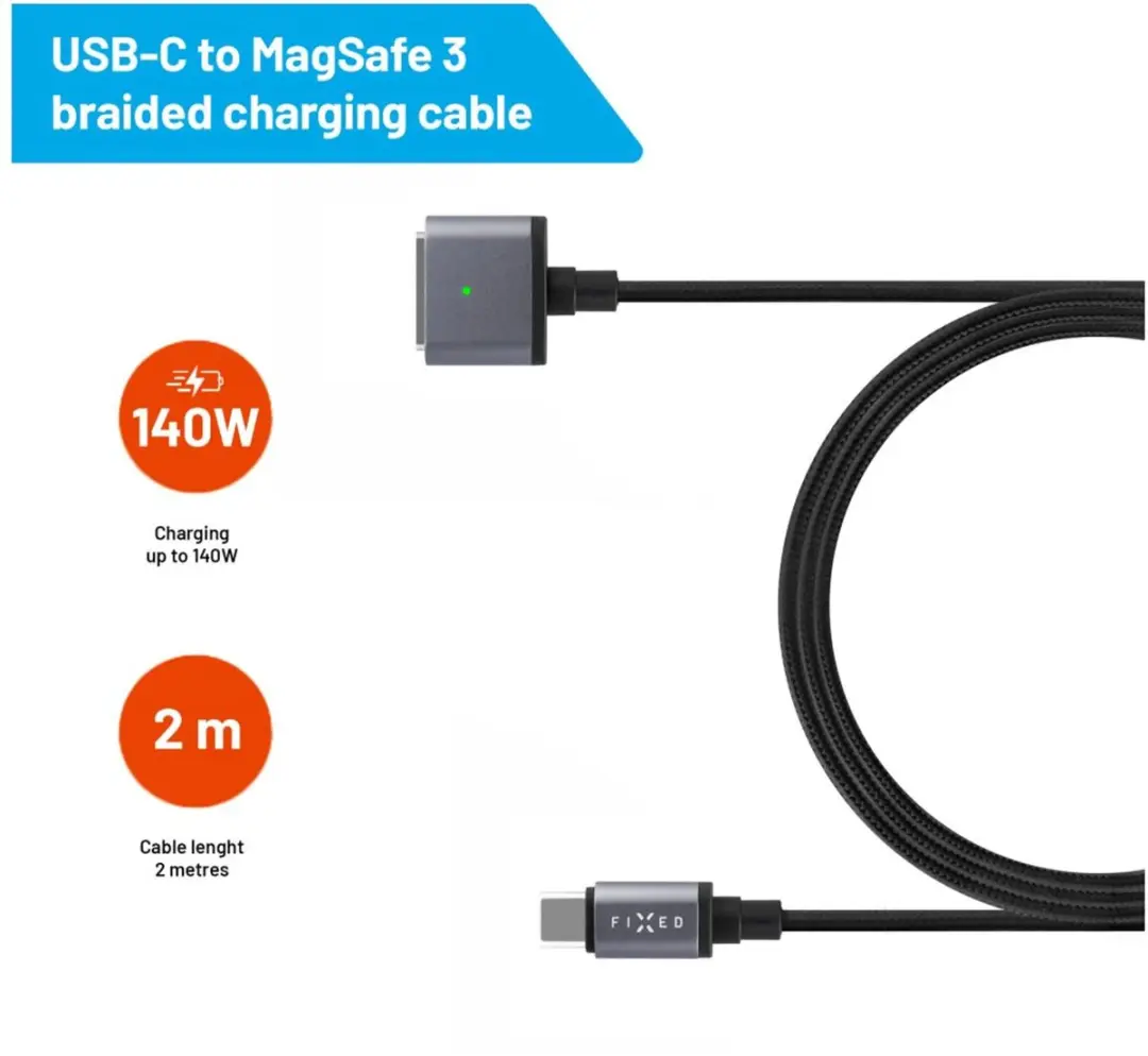 Fixed USB-C naar MagSafe 3 Kabel 140W - 2m - Grijs