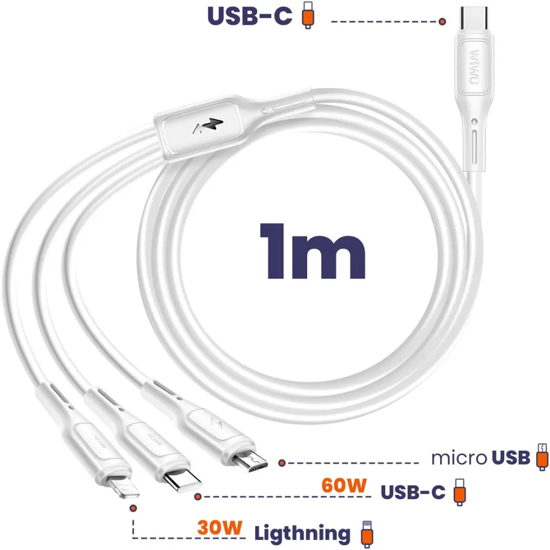 WiWu 3-in-1 Kabel Micro/USB-C/Lightning 60W - 1m Wit