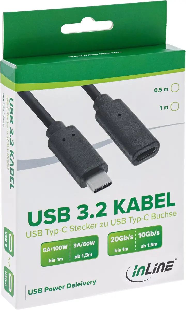InLine USB-C Verlengkabel USB3.2 20Gbit/s PD 20V/5A - 0,5m - Zwart