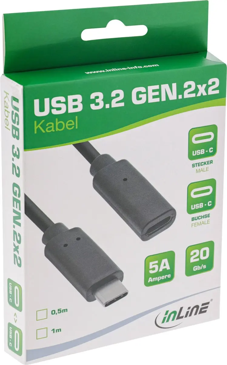 InLine USB-C Verlengkabel USB3.2 20Gbit/s PD 20V/5A - 0,5m - Zwart