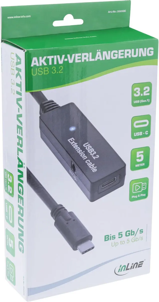 InLine USB-C Verlengkabel USB3.0 5Gbps 5m - Zwart
