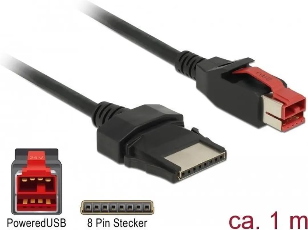 Delock PoweredUSB Kabel 24V 8-pin M/M 1m - Zwart