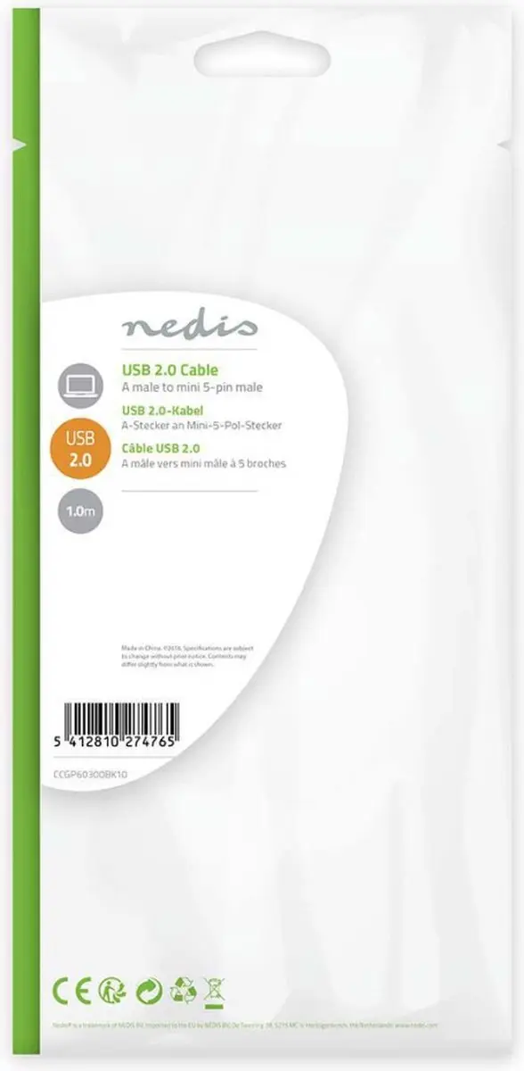 Nedis USB 2.0 A naar Mini-B Kabel 1m - Zwart
