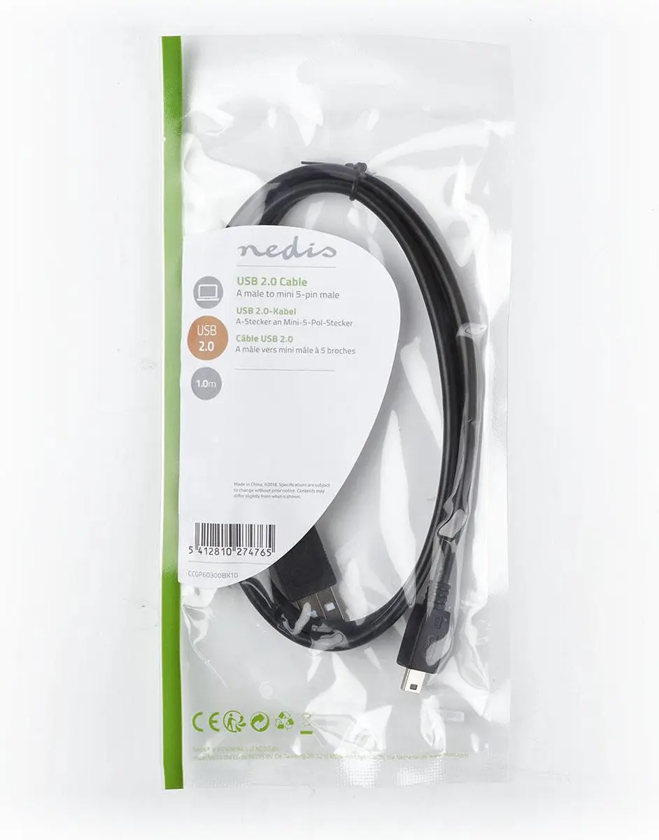 Nedis USB 2.0 A naar Mini-B Kabel 1m - Zwart