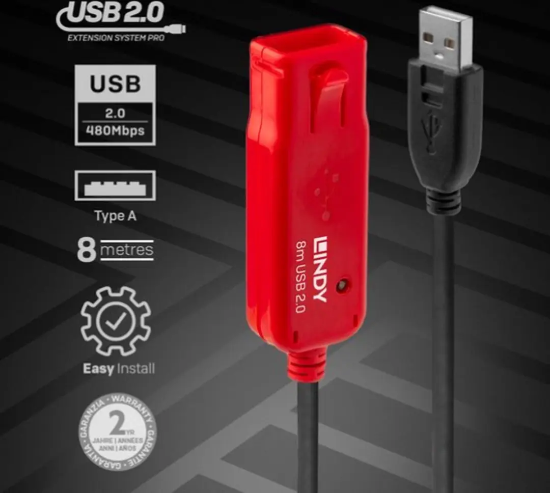Lindy USB 2.0 Aktieve Verlenging Pro 8m - Zwart