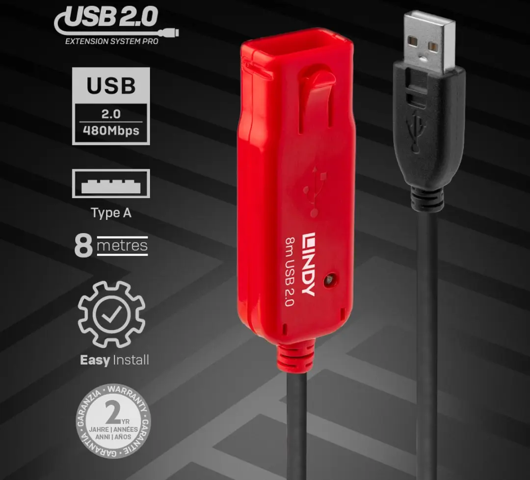 Lindy USB 2.0 Aktieve Verlenging Pro 8m - Zwart
