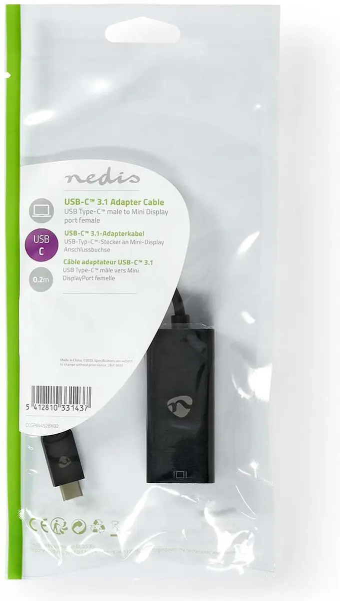 Nedis USB-C Adapter CCGP64452BK02 - Mini DisplayPort - 8K@60Hz - 0,2m - Zwart