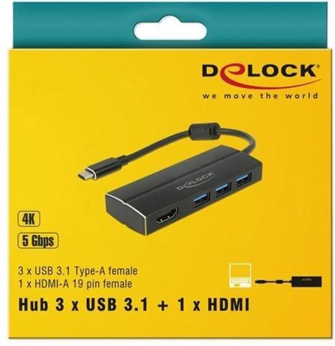 Delock USB-C naar HDMI & 3x USB-A Adapter 4K30 - 0,15m - Zwart