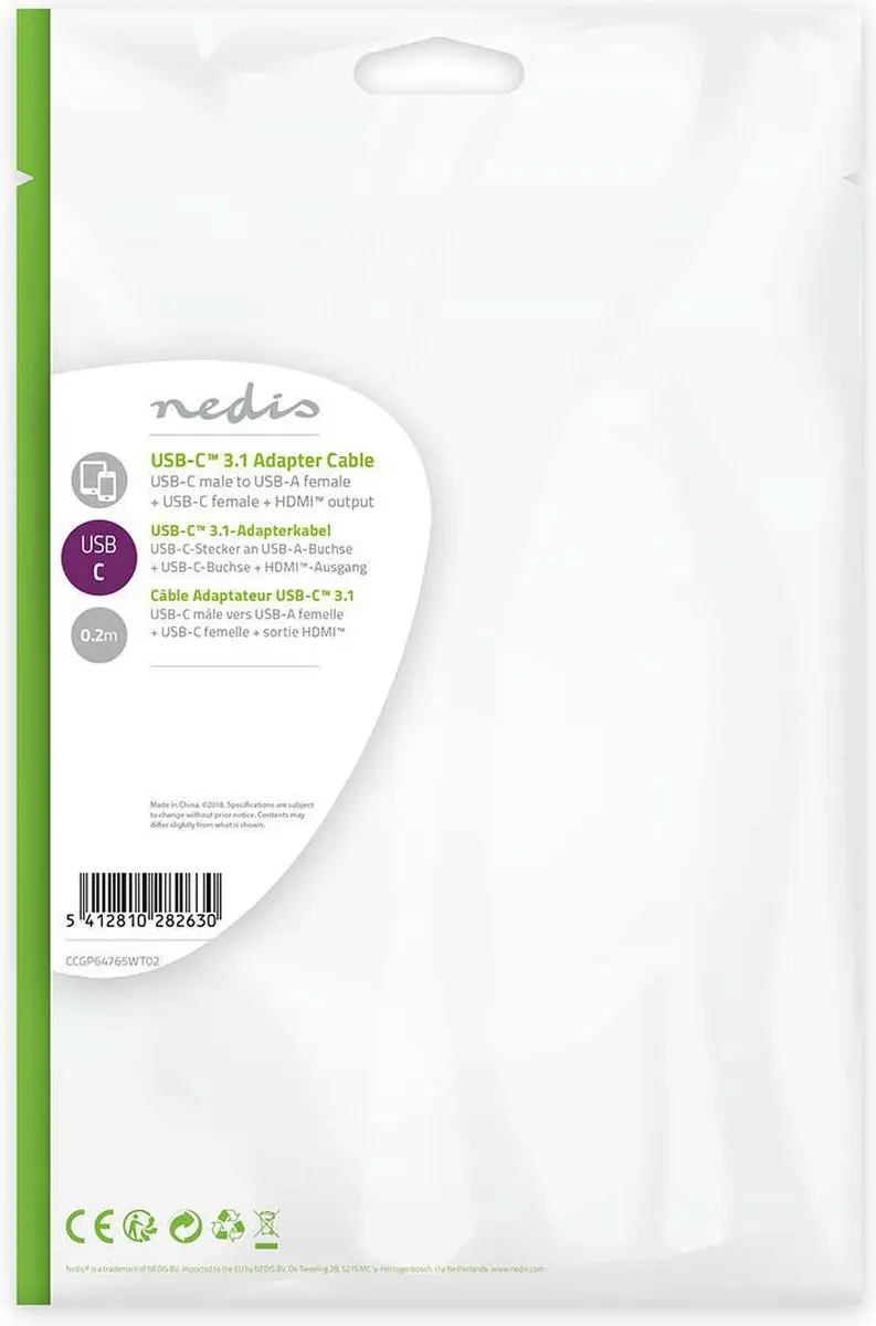 Nedis USB Multi-Port Adapter CCGP64765WT02 - USB-C naar HDMI/USB-A/USB-C 5Gbps - 20cm - Wit