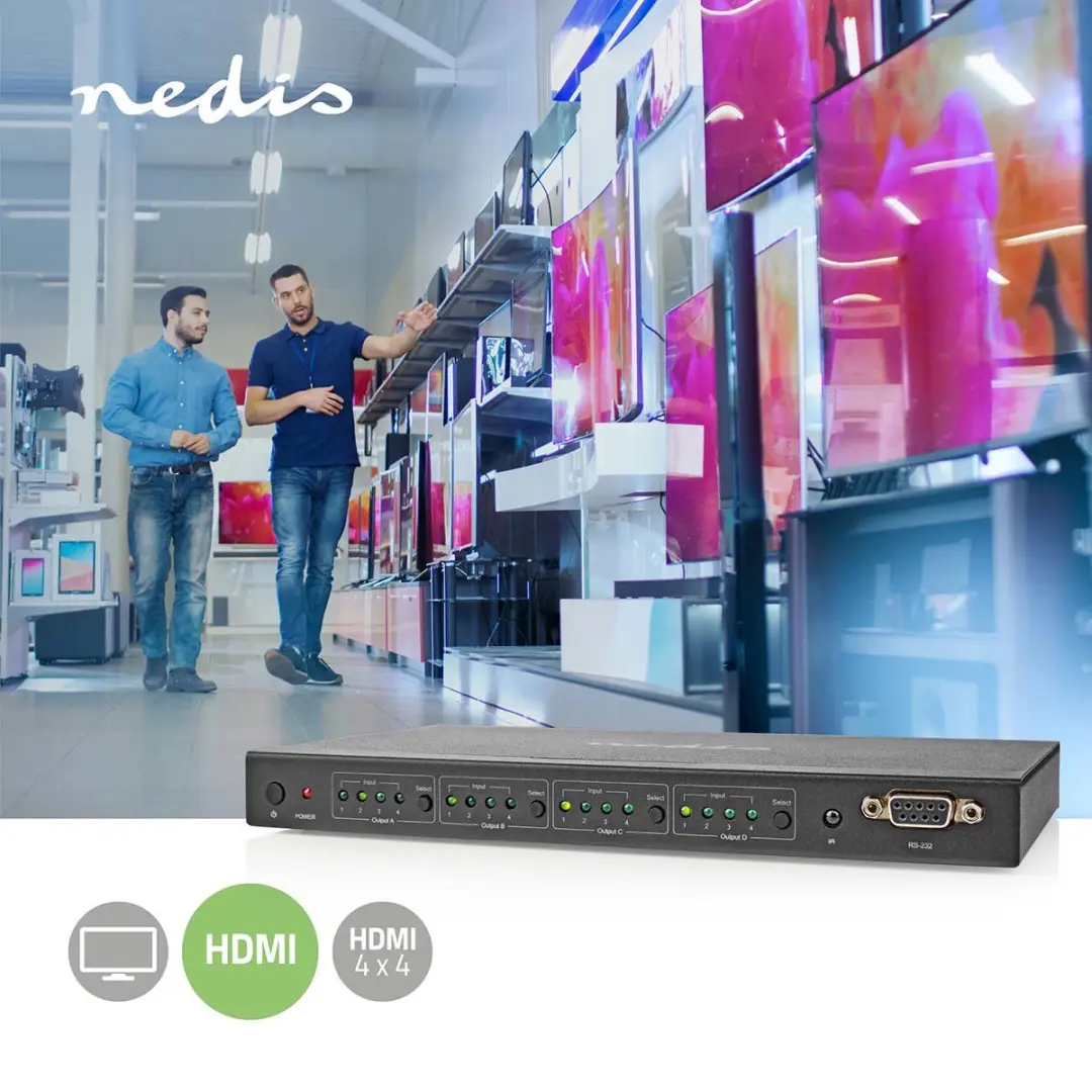 Nedis HDMI Matrix VMAT3494AT 4x4 - 4K@60Hz - Metaal - Zwart