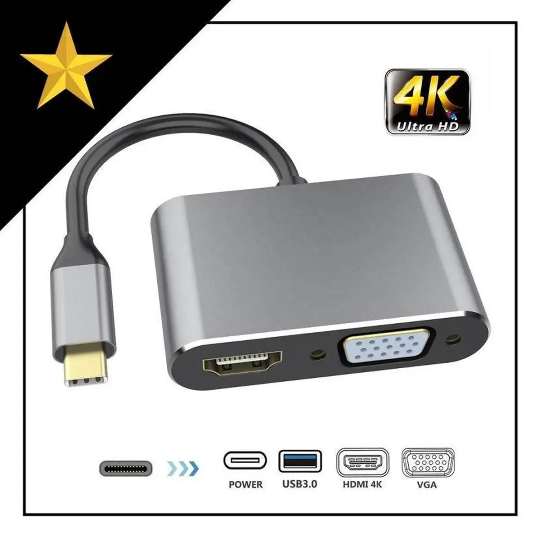 Deltaco USB-C Naar HDMI/VGA Adapter 4K - Grijs