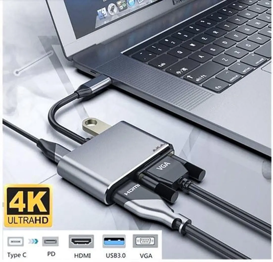 Deltaco USB-C Naar HDMI/VGA Adapter 4K - Grijs