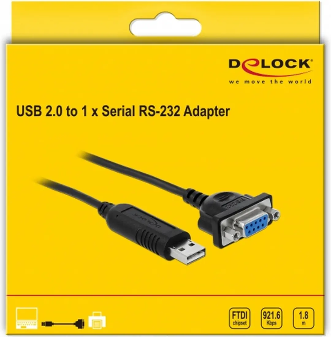 Delock USB-A naar RS232 Adapter 9-pins SUB-D FTDI 1,8m - Zwart