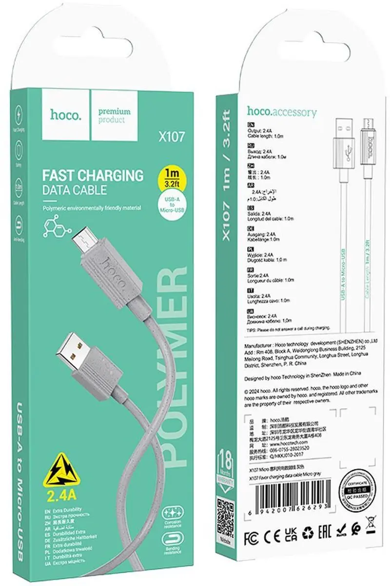 Hoco USB-A naar Micro USB Kabel X107 - 1m 2.4A Grijs