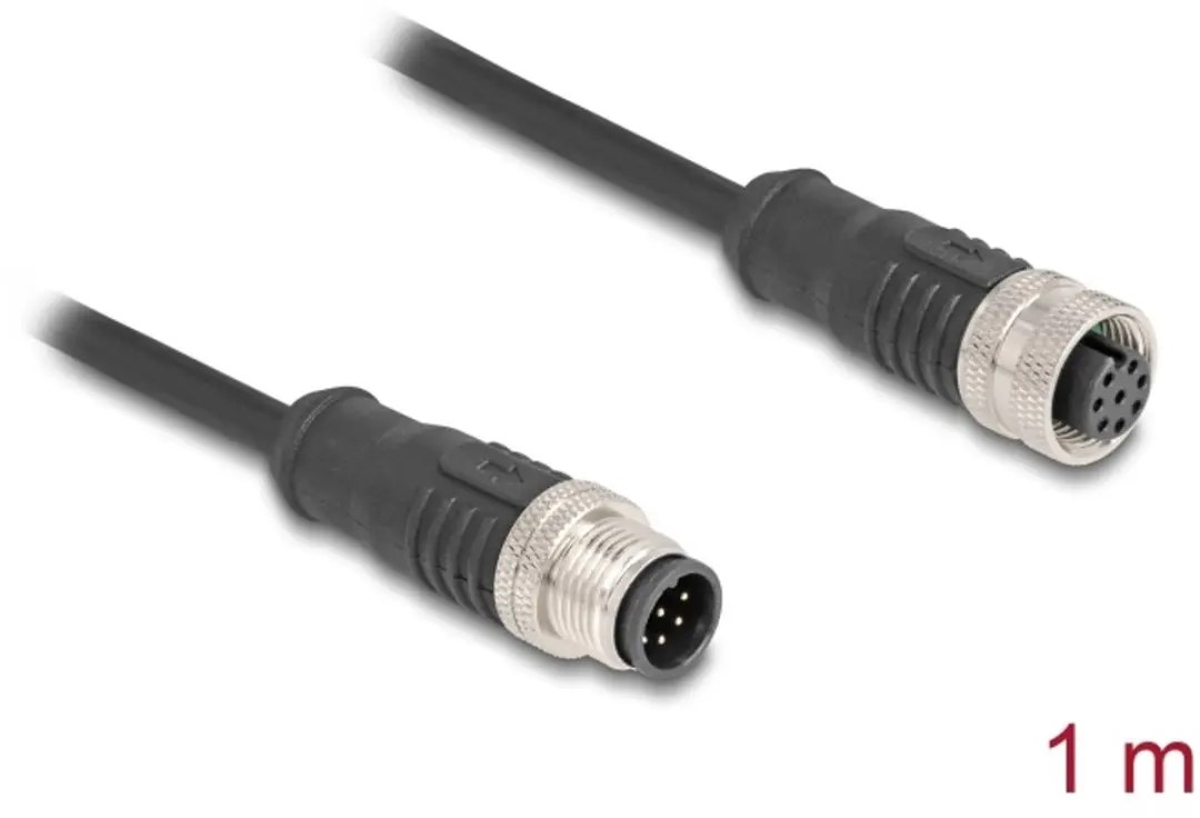 Delock M12 8-pins A-gecodeerde Netwerkverlengkabel CAT5e 1m - Zwart