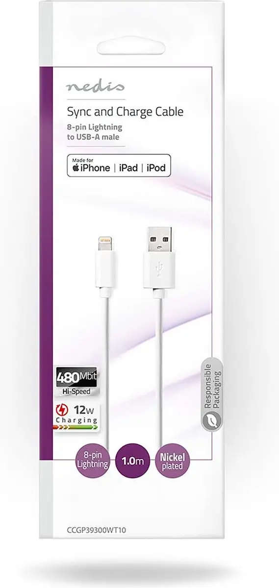 Nedis Lightning Kabel USB-A 1m - Wit