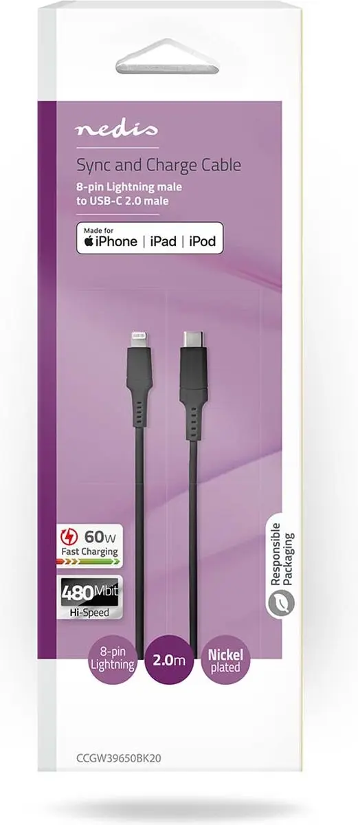 Nedis Lightning Kabel USB-C 2.0 2m - Zwart