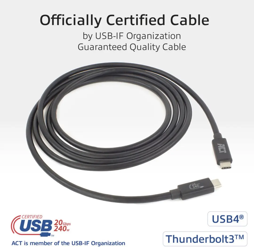 ACT USB4 AC7432 USB-C Kabel 20Gbps 2m - 240W - Zwart