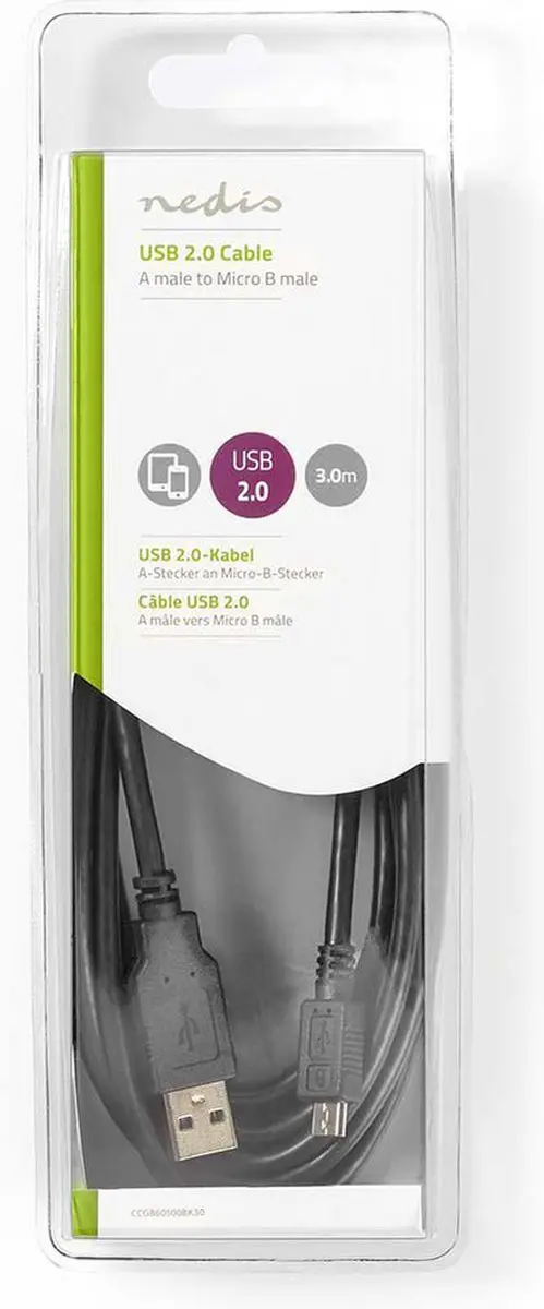 Nedis USB 2.0 A naar Micro-B Kabel 3m - Zwart