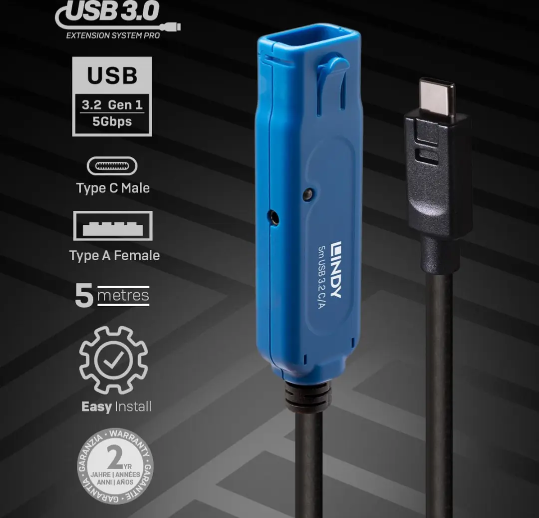Lindy 43380 USB 3.2 Gen1 Kabel USB-A naar USB-C 5m - Zwart/blauw
