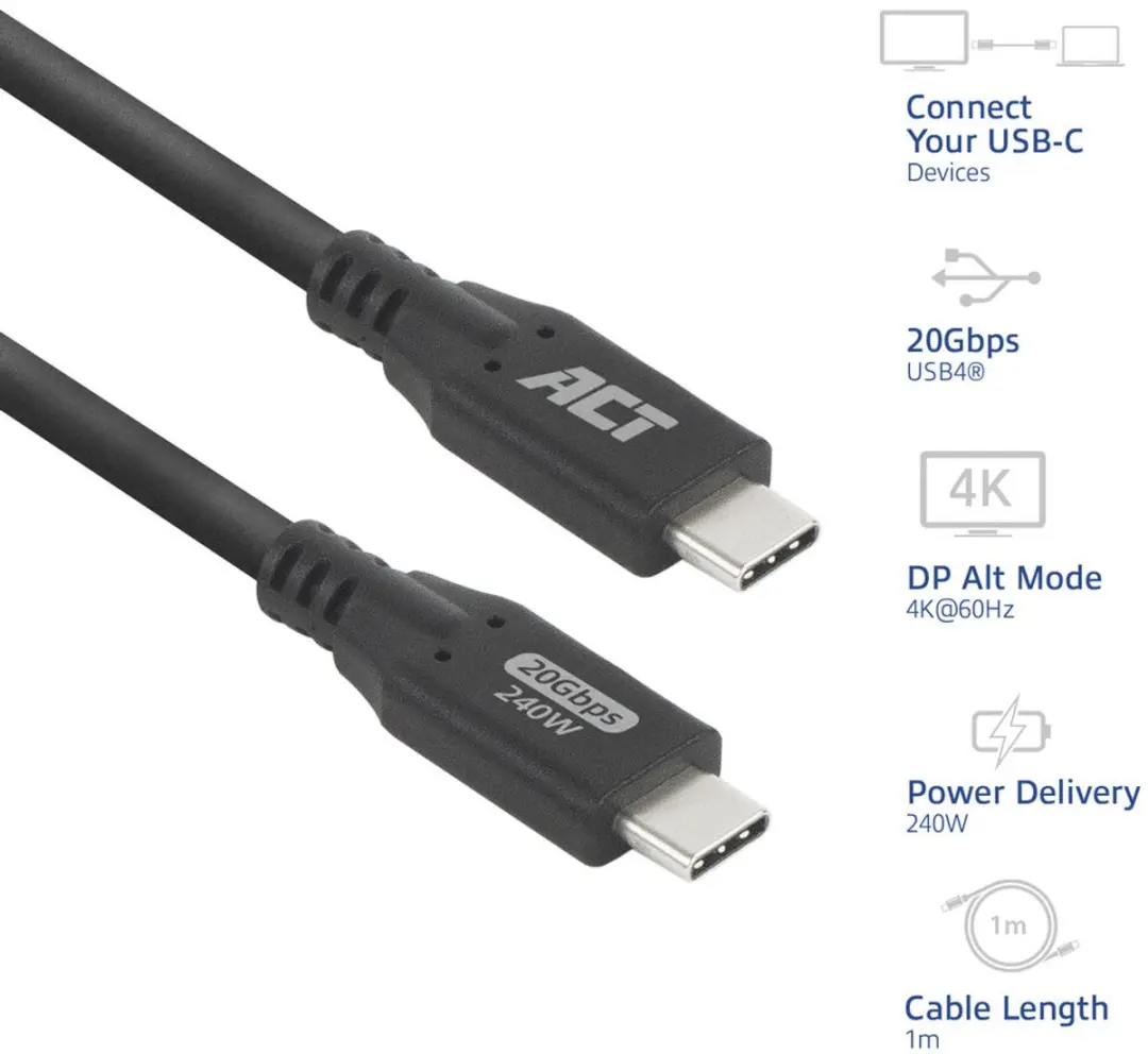 ACT USB4 AC7421 USB-C Kabel 20Gbps 240W - 1m - Zwart
