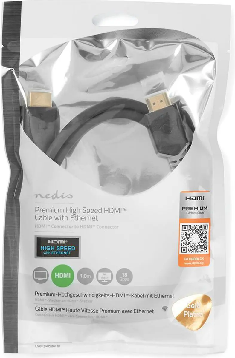 Nedis Premium HDMI-Kabel CVBW34050AT10 4K@60Hz - 1m - Antraciet