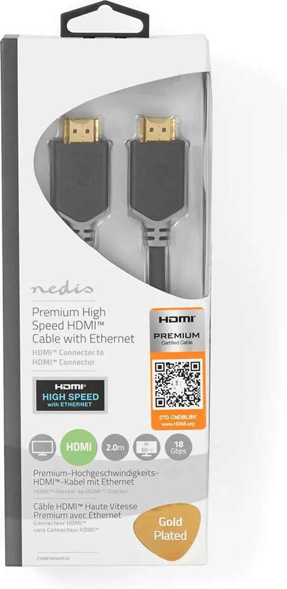 Nedis Premium HDMI-Kabel CVBW34050AT10 4K@60Hz - 1m - Antraciet - afbeelding 6 van 6