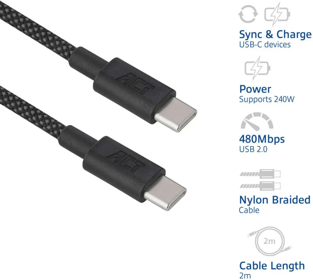 ACT AC3087 USB-C naar USB-C Kabel 240W - 2m - Zwart
