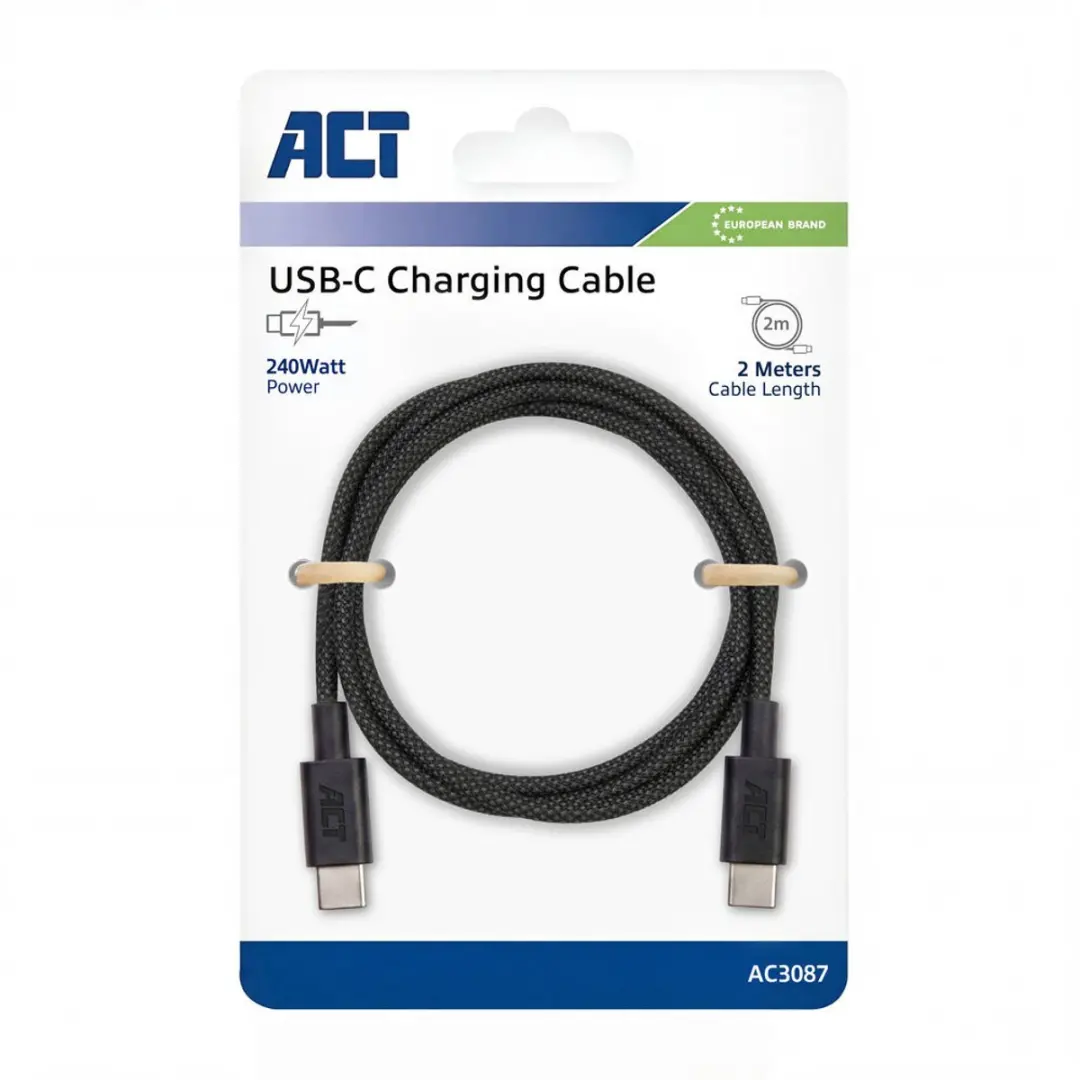 ACT AC3087 USB-C naar USB-C Kabel 240W - 2m - Zwart