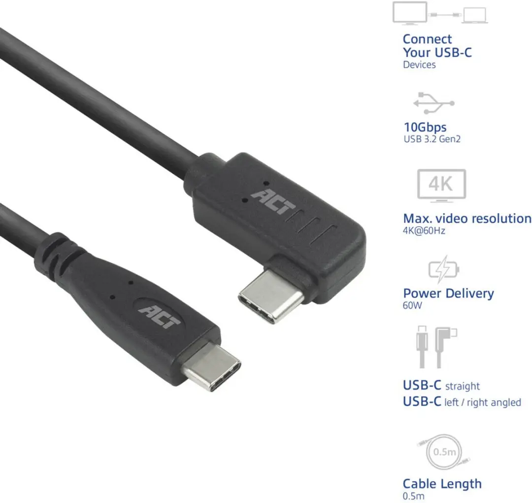 ACT AC7408 USB-C Kabel 10Gbps 60W 3m - Zwart