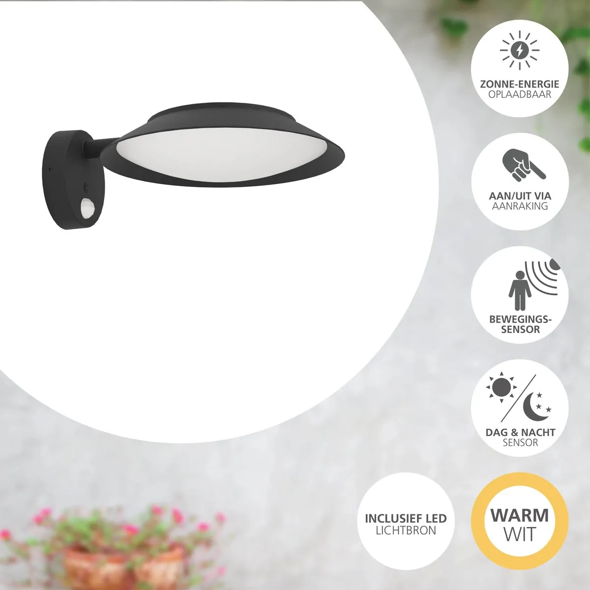 Eglo Cerrisi Solar Wandlamp 25cm - Zwart/Wit - Bewegingssensor