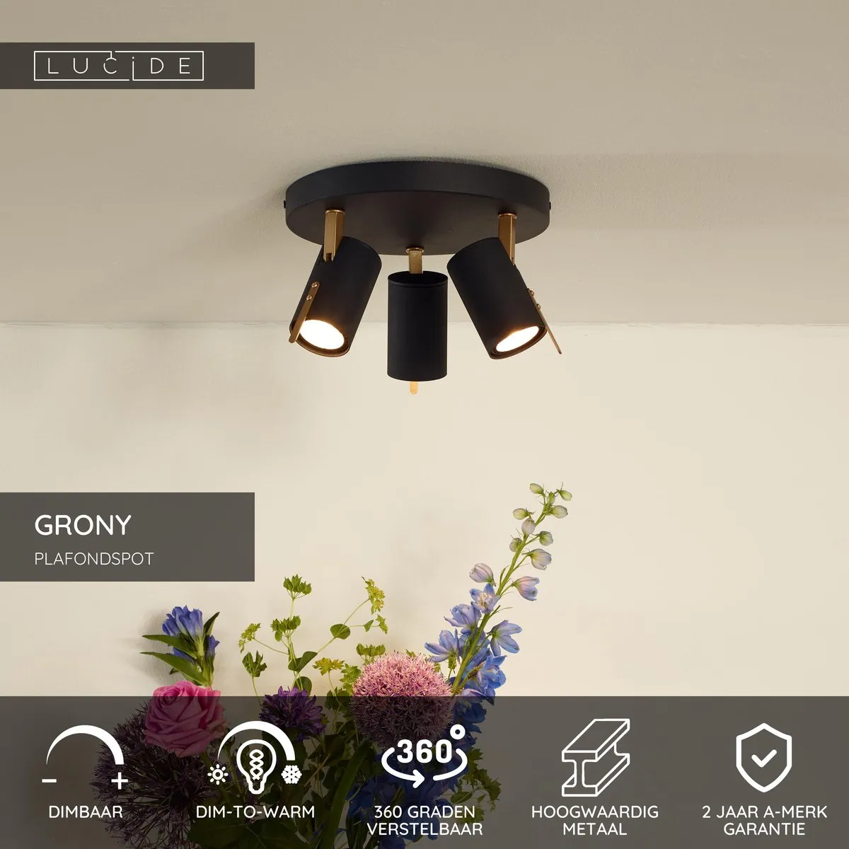 Lucide GRONY Plafondspot LED Dim-to-Warm 3x5W 2200K/3000K - Zwart