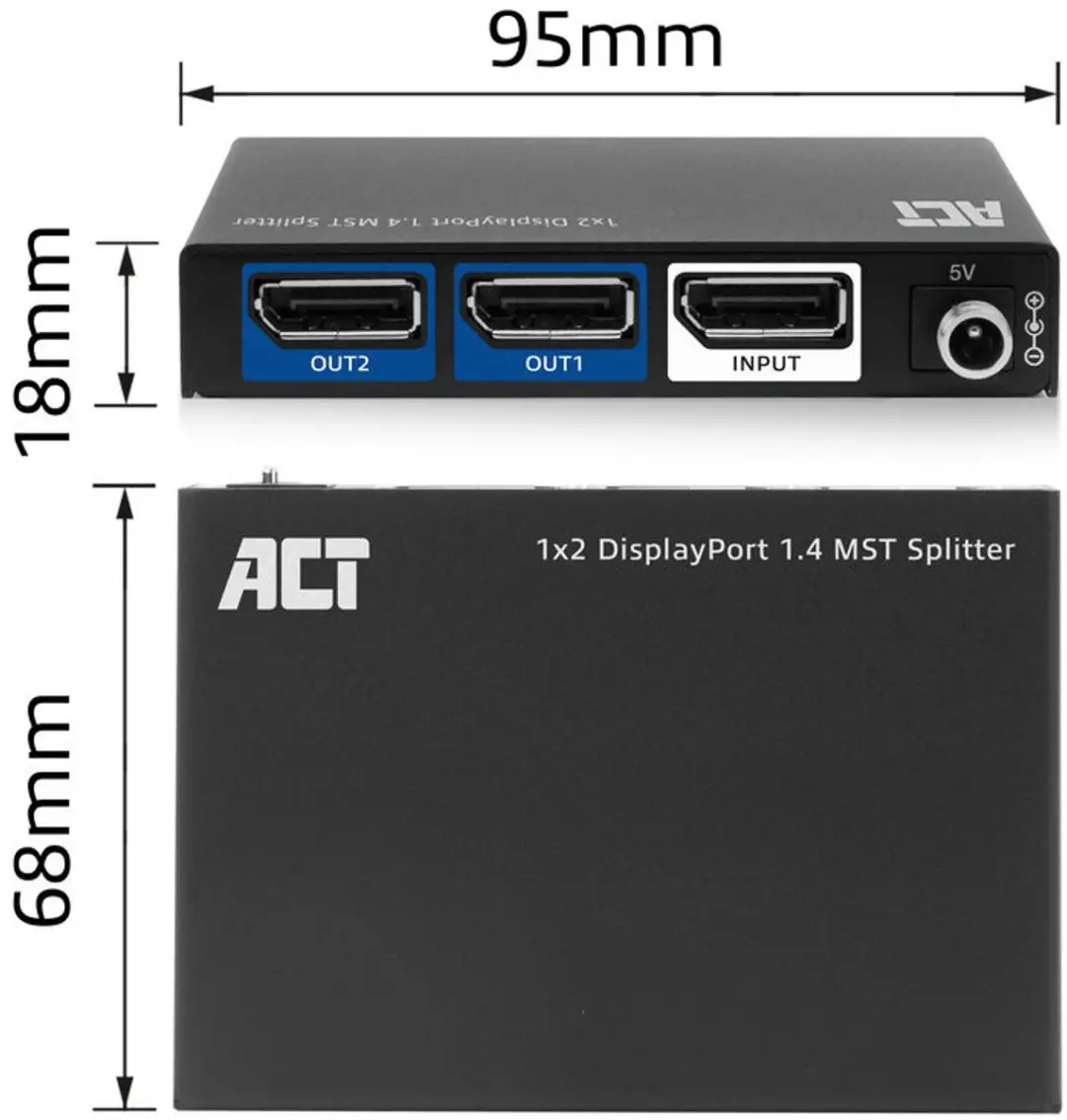 ACT AC7720 DisplayPort 1.4 MST Splitter - Zwart