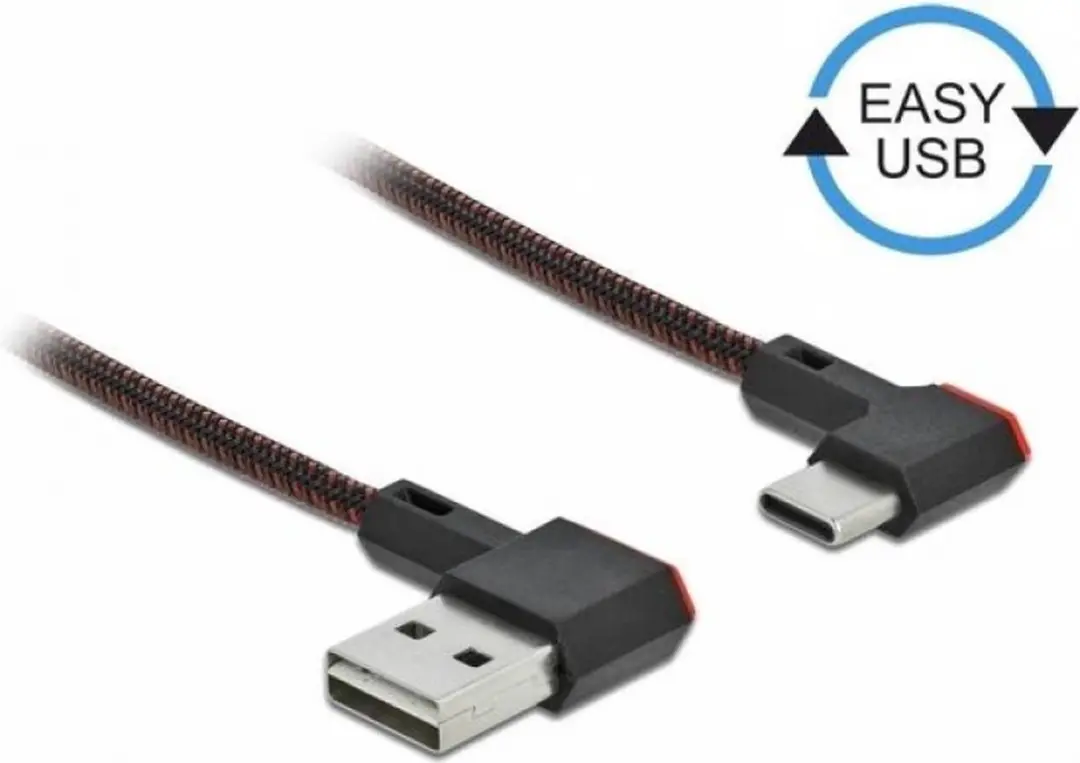 Delock USB-C Easy-USB-A Kabel 2m - Haaks - USB 2.0 - 18W QC - Zwart/Rood