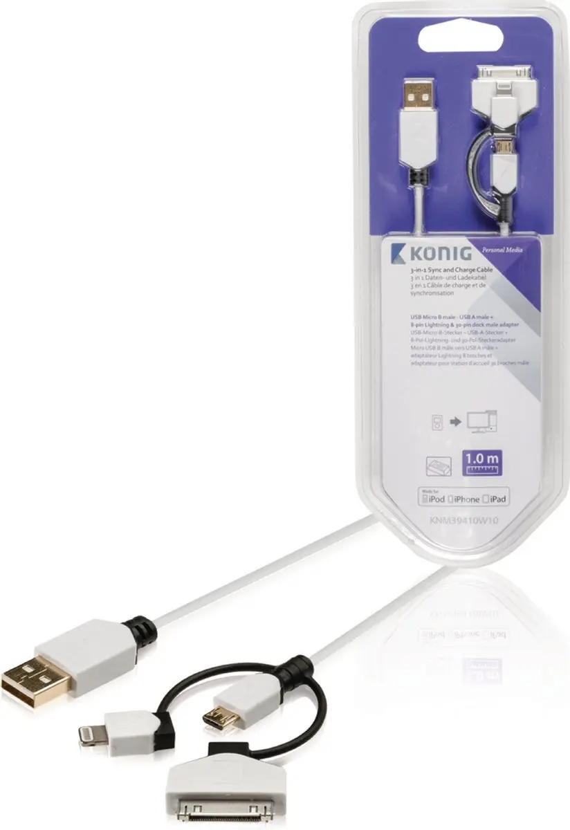 Konig USB 2.0 A Male naar Micro/Lightning/30-pin Kabel