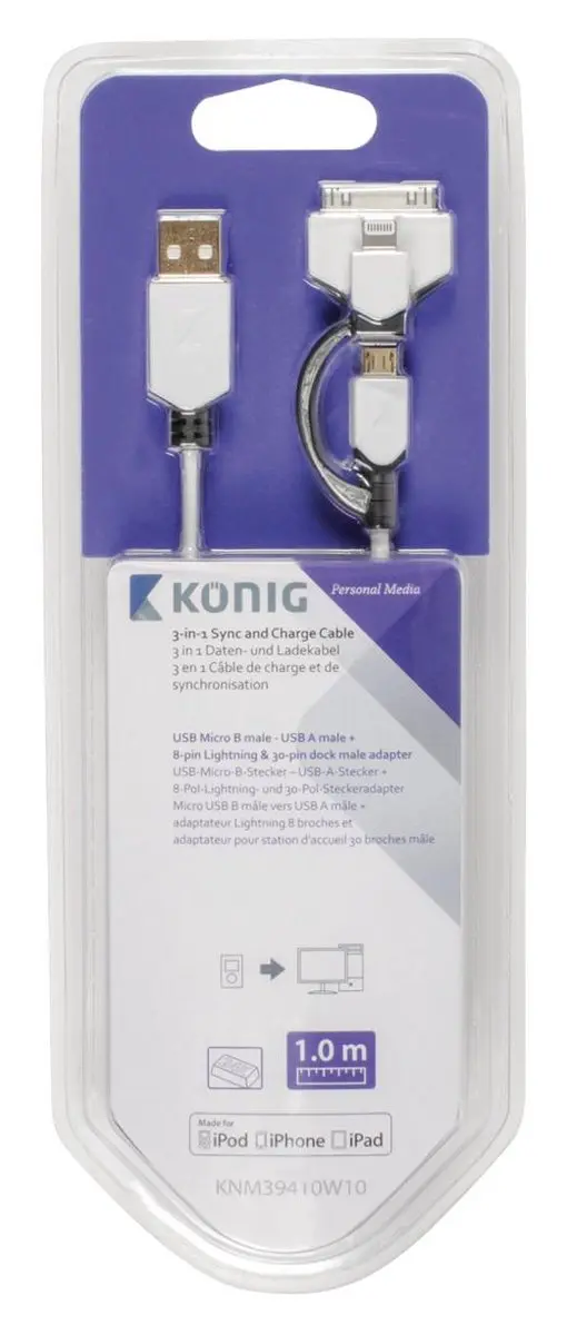 Konig USB 2.0 A Male naar Micro/Lightning/30-pin Kabel - 1m - Wit