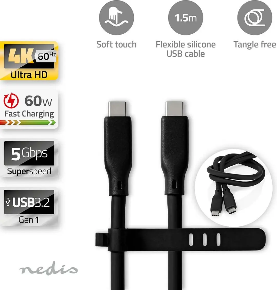 Nedis USB-C Kabel 60W 1.5m - USB 3.2 Gen 1 - Zwart