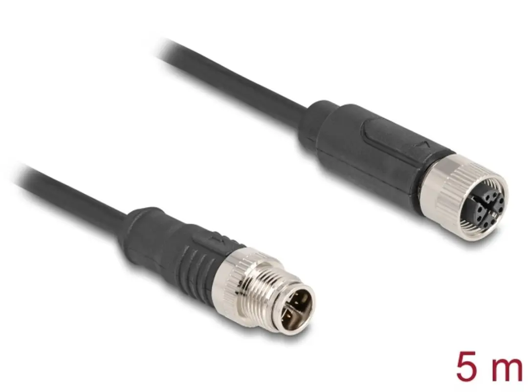 Delock M12 8-pins X-gecodeerde Netwerkverlengkabel CAT5e 5m - Zwart