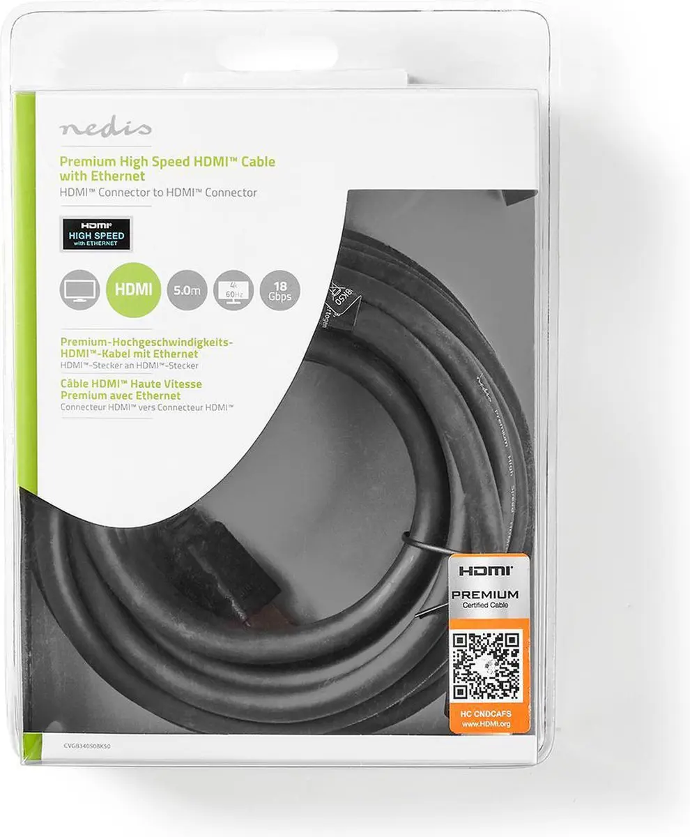 Nedis Premium HDMI-Kabel 5m CVGB34050BK50 - 4K@60Hz - 18Gbps - Zwart