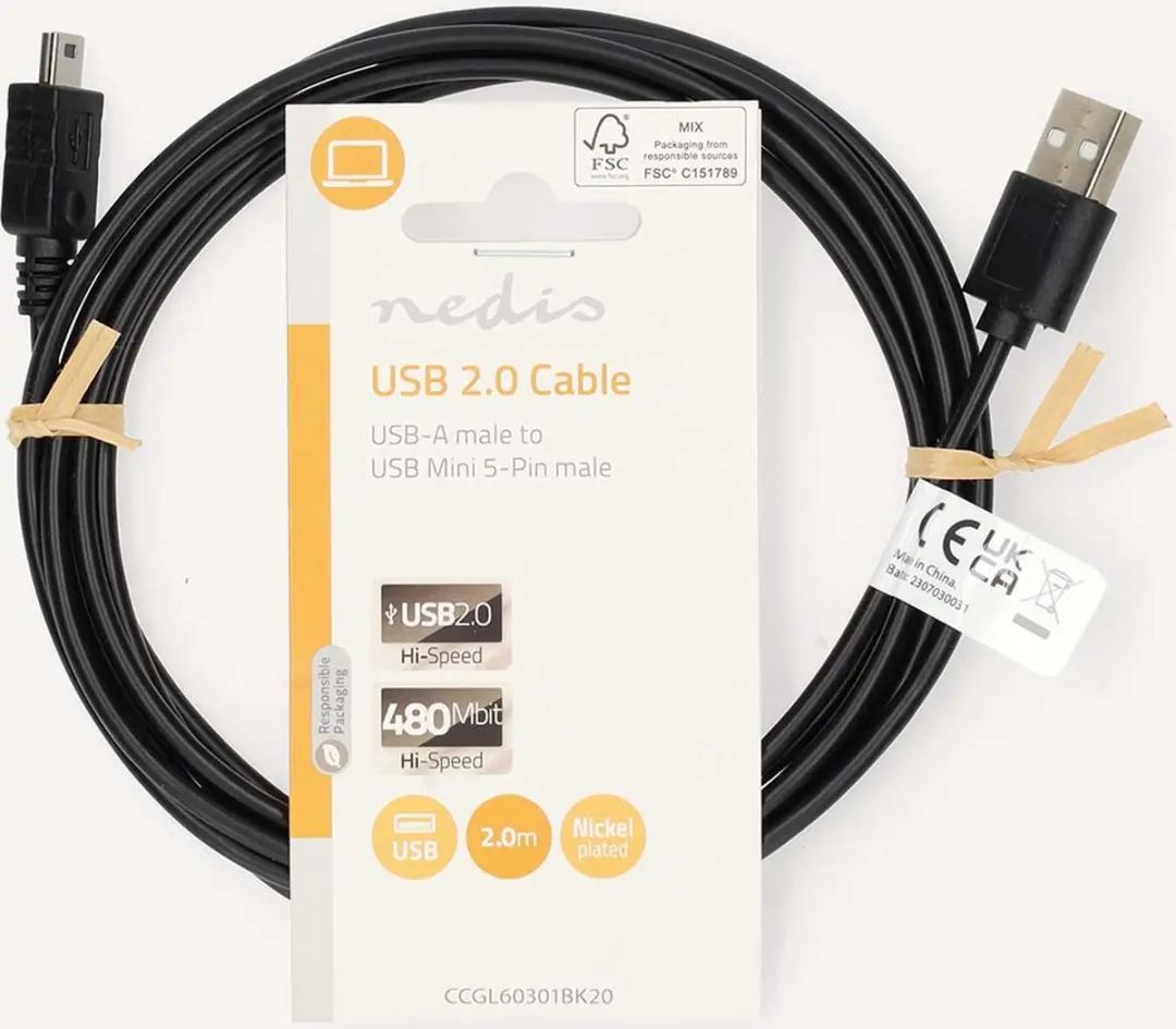 Nedis USB 2.0 A naar Mini 5-Pin Kabel 2m - Zwart