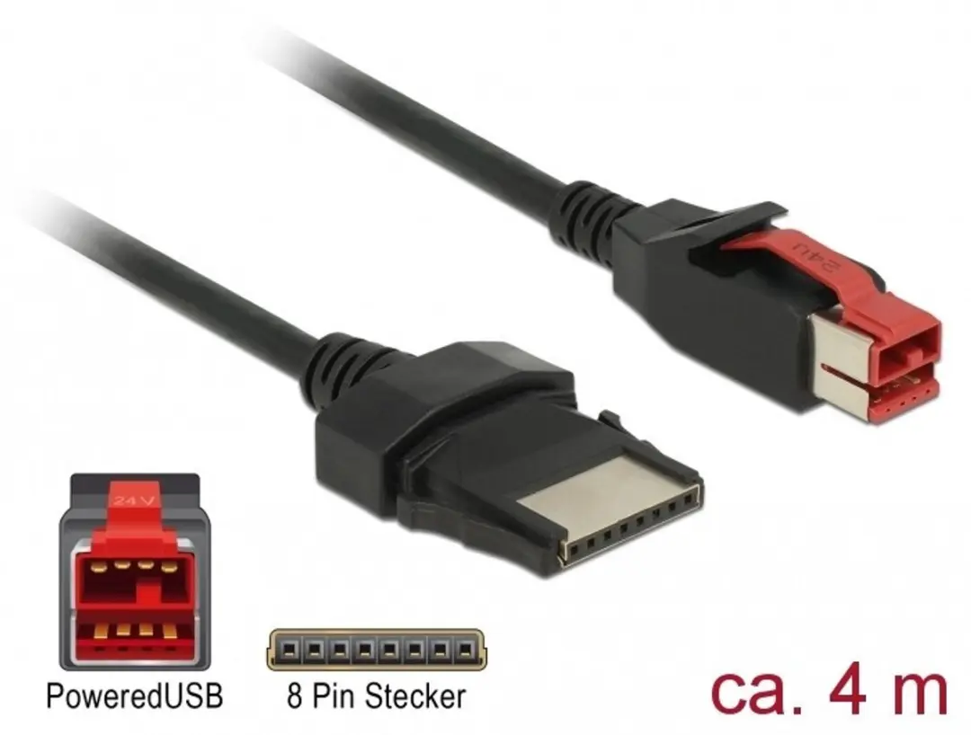 Delock PoweredUSB Kabel 24V naar 8-pin - 4m - Zwart