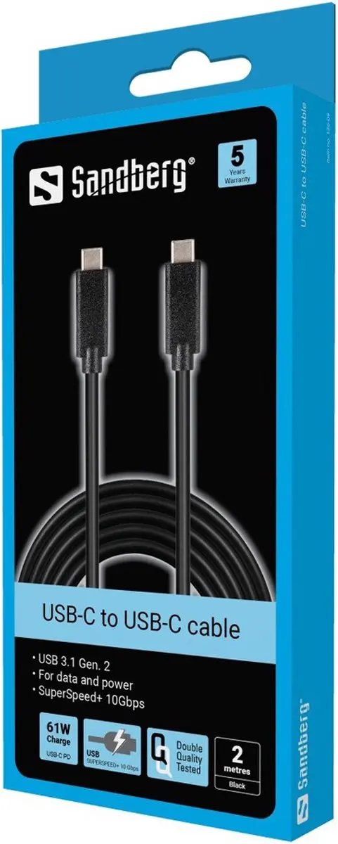 Sandberg 136-09 USB-C Kabel 2M - USB 3.1 Gen.2 - Zwart - afbeelding 6 van 6