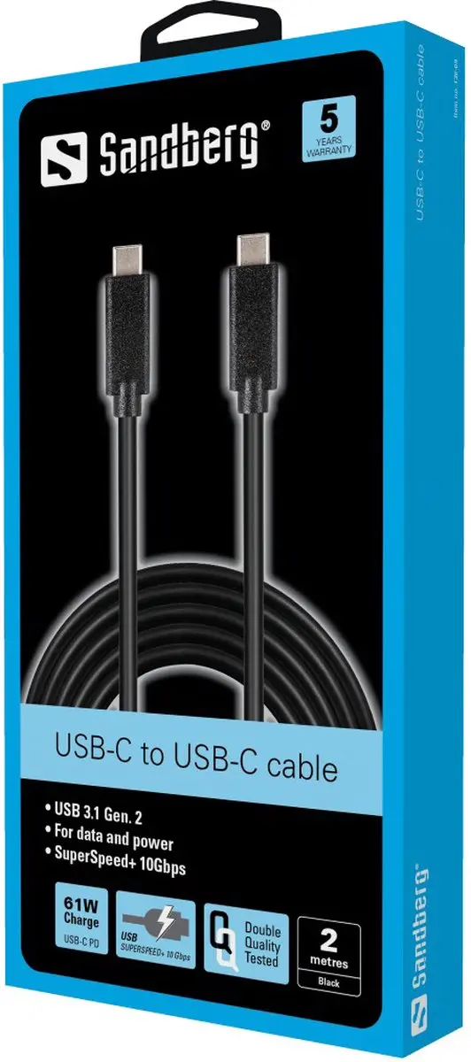 Sandberg 136-09 USB-C Kabel 2M - USB 3.1 Gen.2 - Zwart